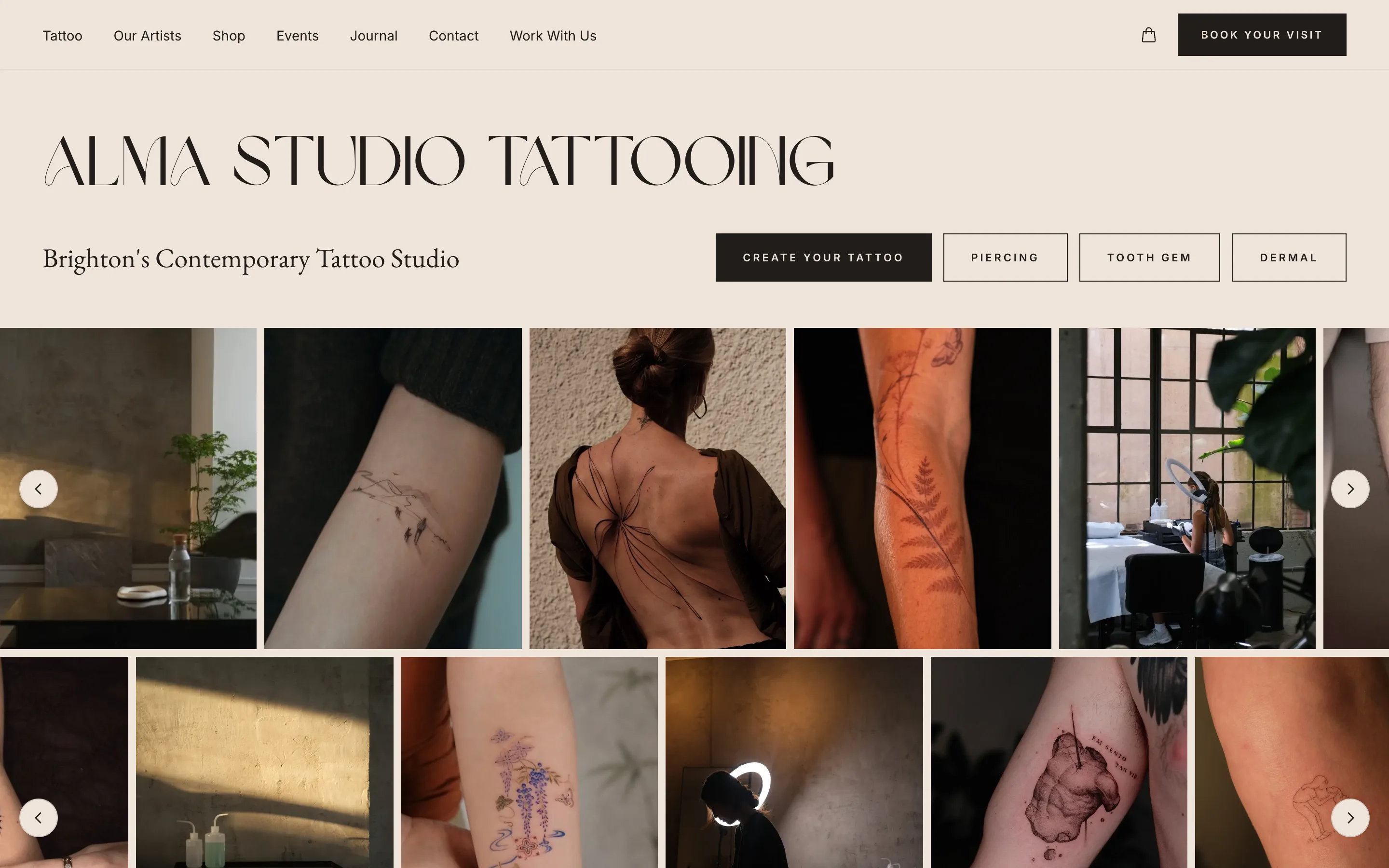 Alma Studio tattoo website with atmospheric Brighton design