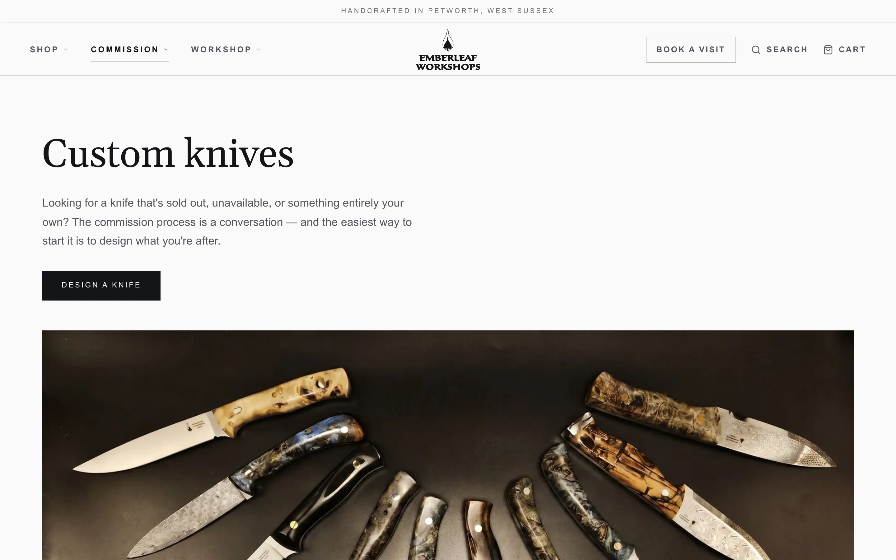 Emberleaf Knives website after the redesign, another screen