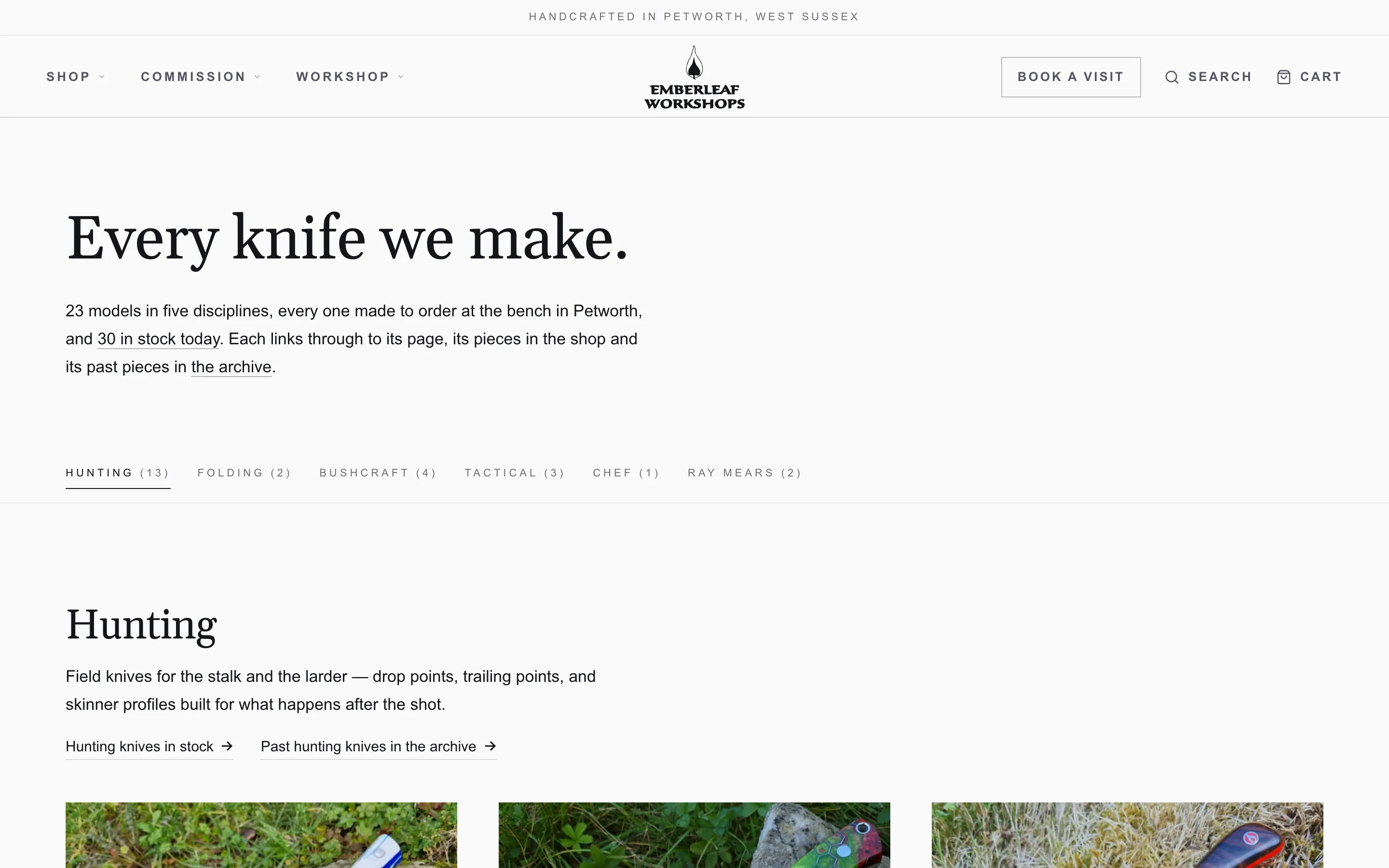 Emberleaf Knives website after the redesign, another screen