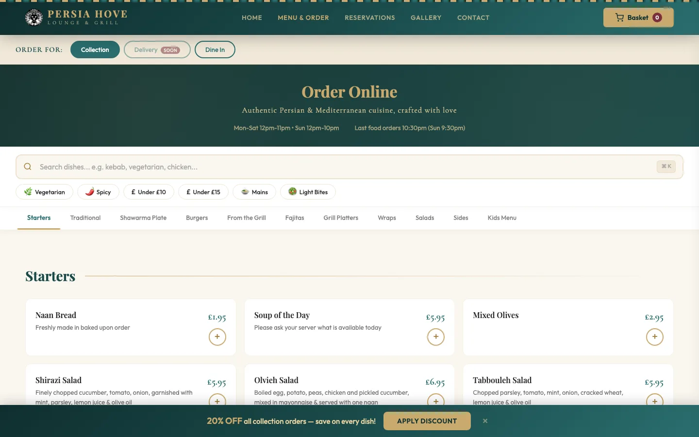 Persia Hove online ordering menu